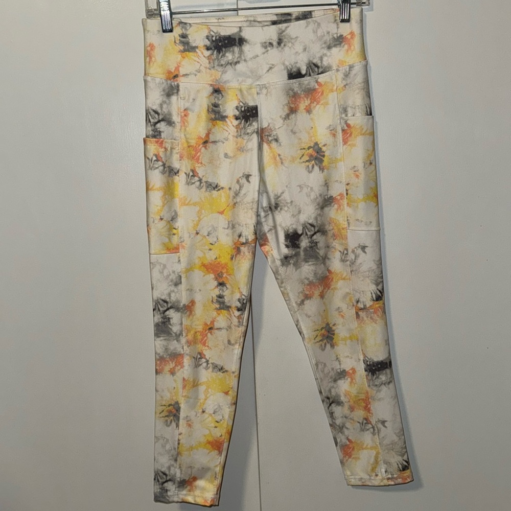 Cato Cropped Tie Dye Leggings w Side Pockets Orange Yellow Gray Women’s S Small